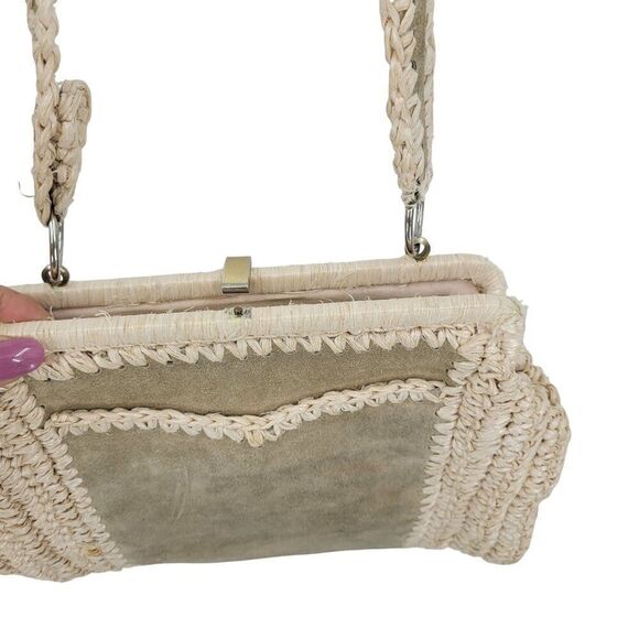 Vintage Handmade Crochet Macrame Straw Suede Shoulder Bag Purse Tan Boho Hippie - Picture 4 of 15